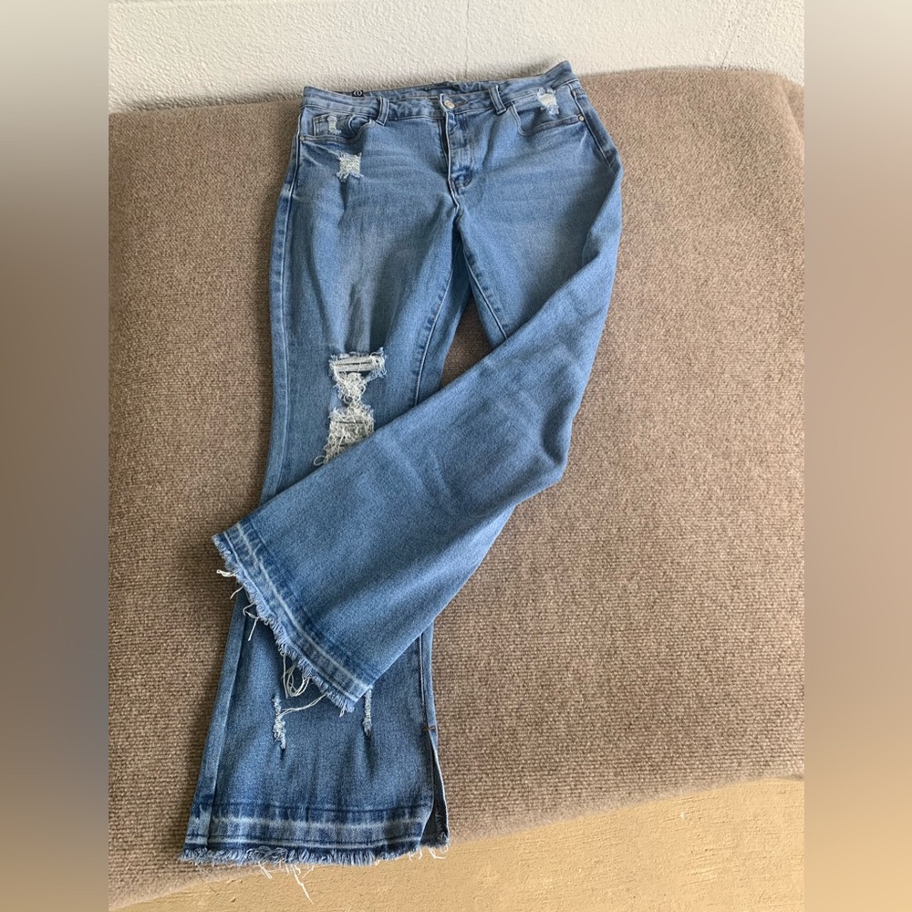 One Republic for All Distressed Flare Wide Leg Jeans with slit side Detail